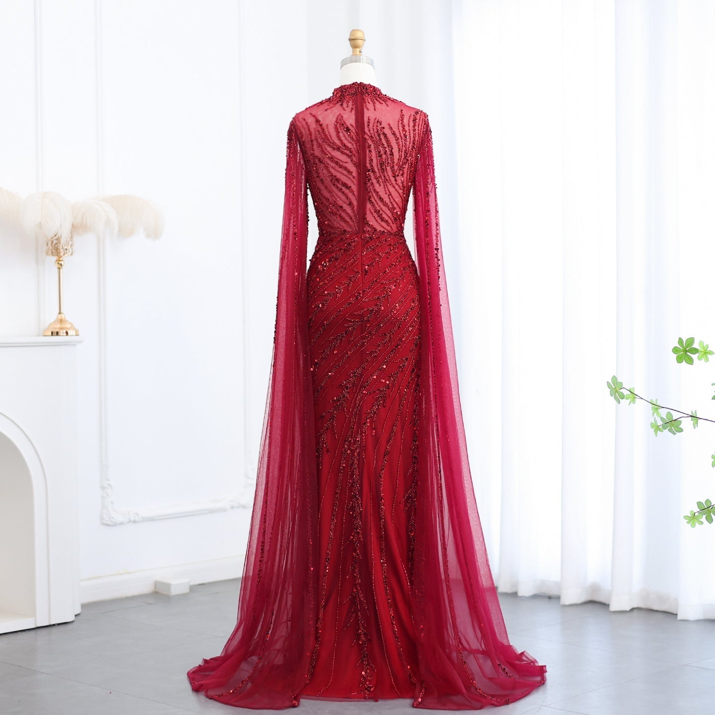 Luxury Black High Neck Evening Dress with Cape Sleeves SS162