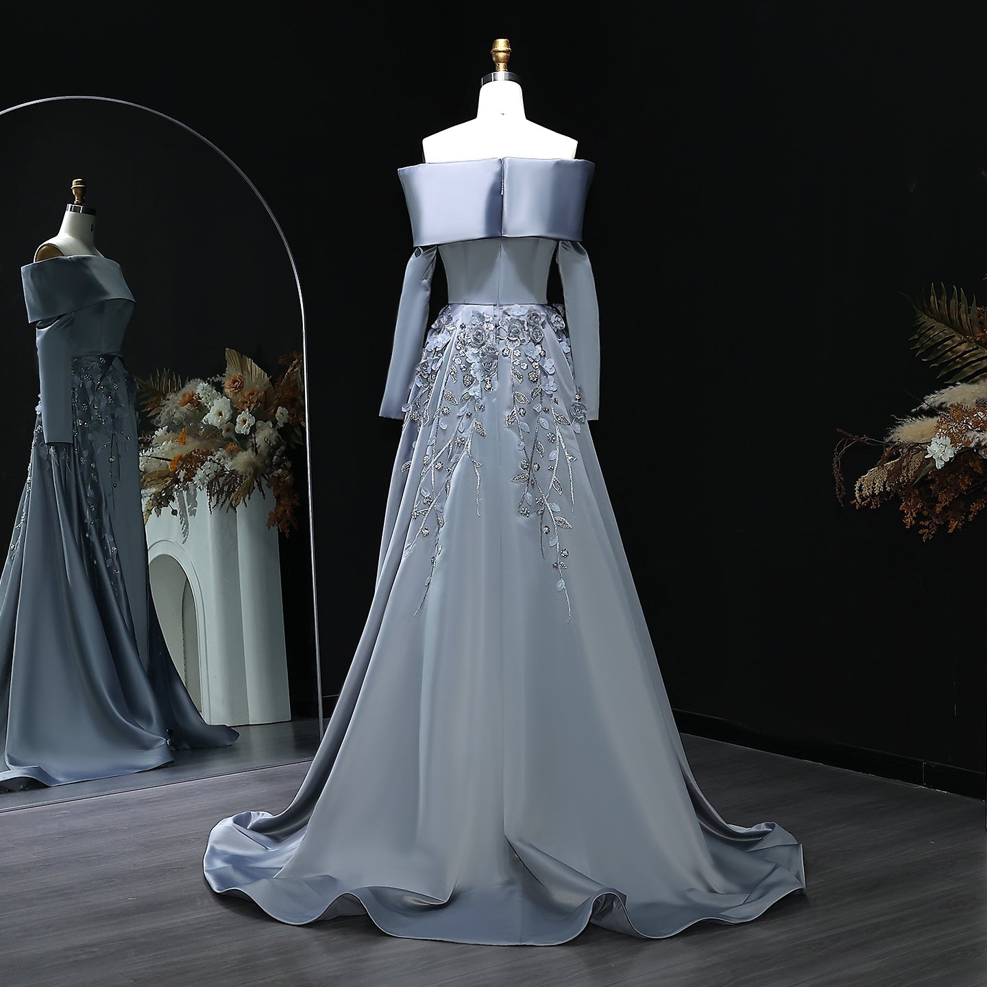 Elegant Gray 3D Flowers Beaded Arabic Evening Dress with Overskirt SS228 