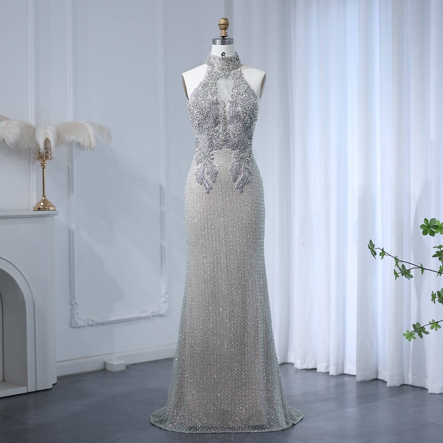 Luxury Halter Silver Nude Beaded Evening Dress SS408  Silver Nude / US 16