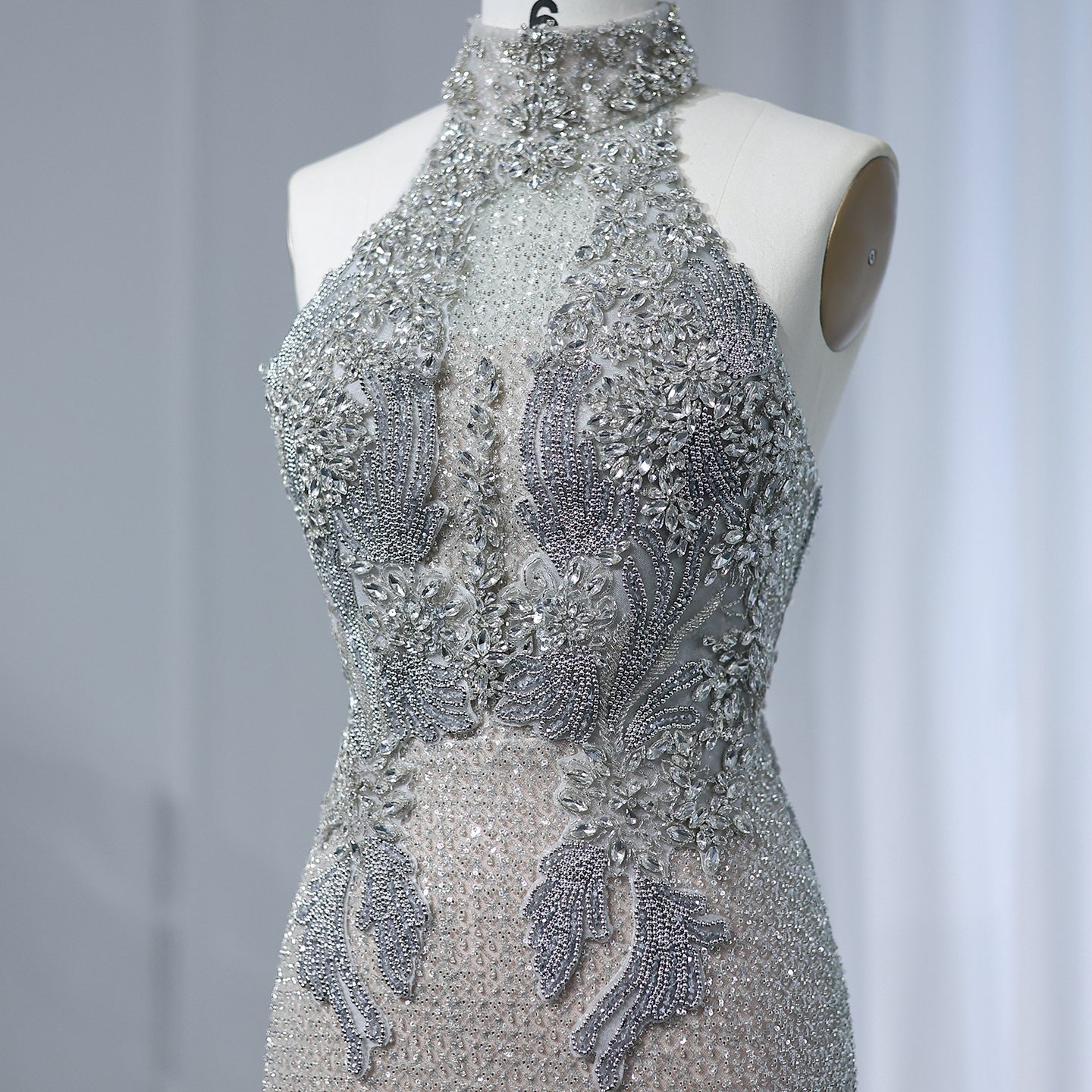 Luxury Halter Silver Nude Beaded Evening Dress SS408