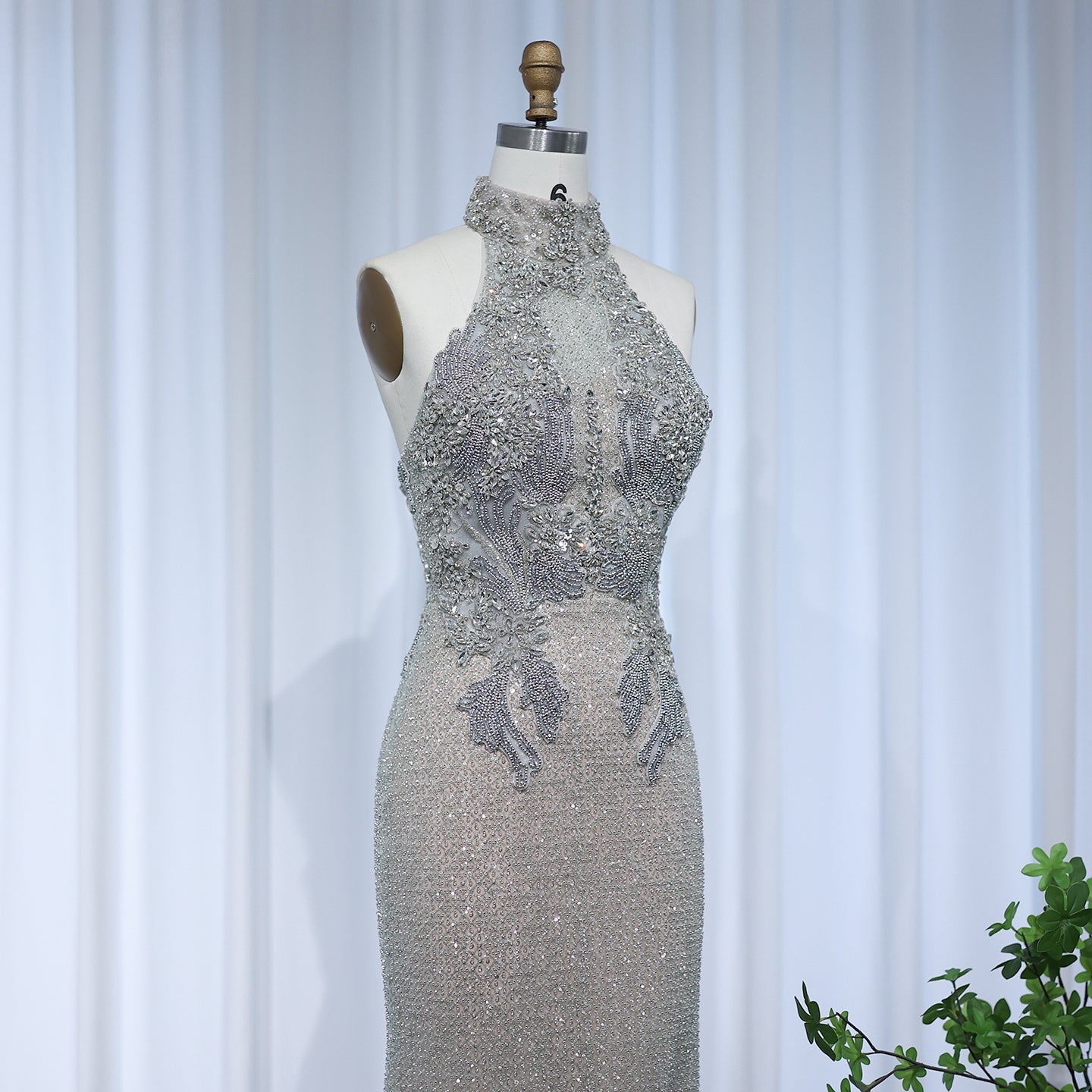 Luxury Halter Silver Nude Beaded Evening Dress SS408