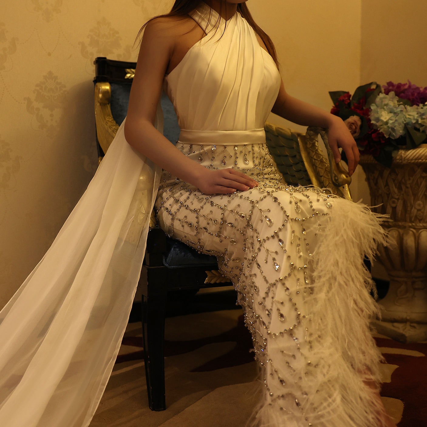 Luxury Feather White Halter Evening Dress with Cape SS350