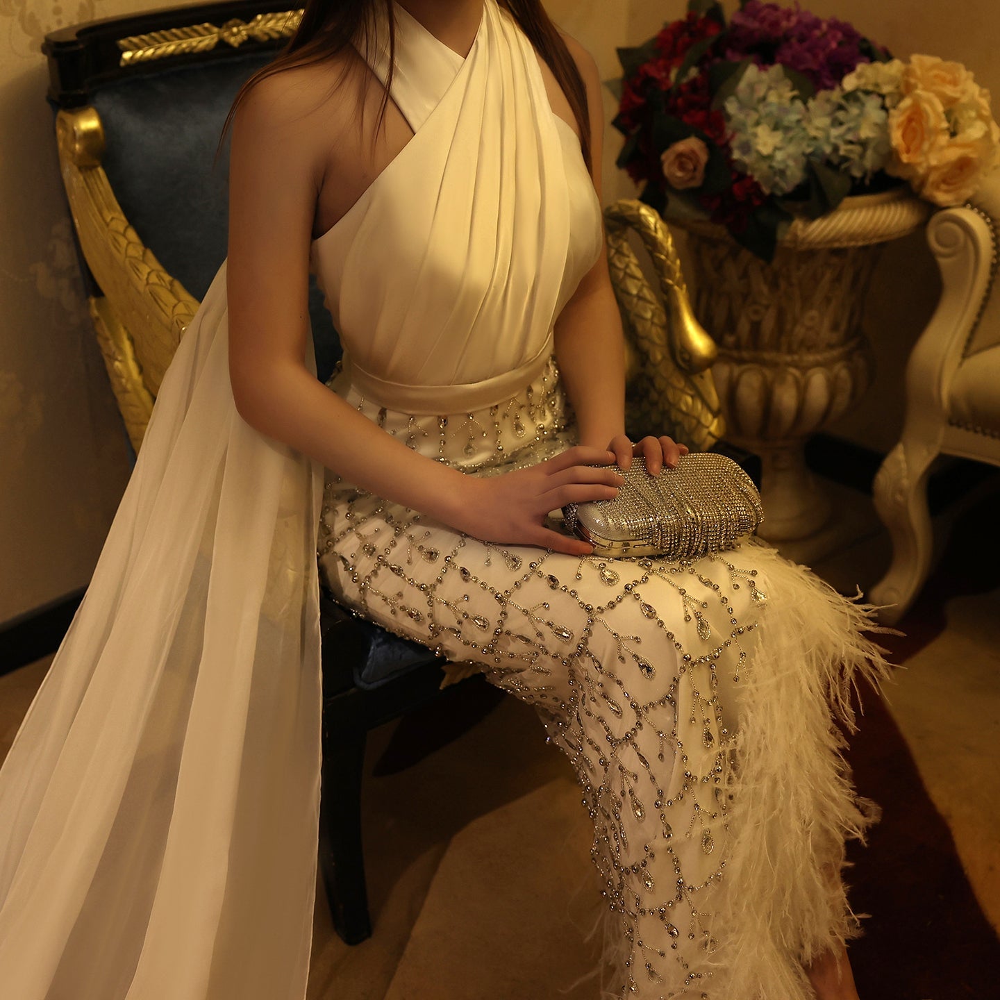 Luxury Feather White Halter Evening Dress with Cape SS350