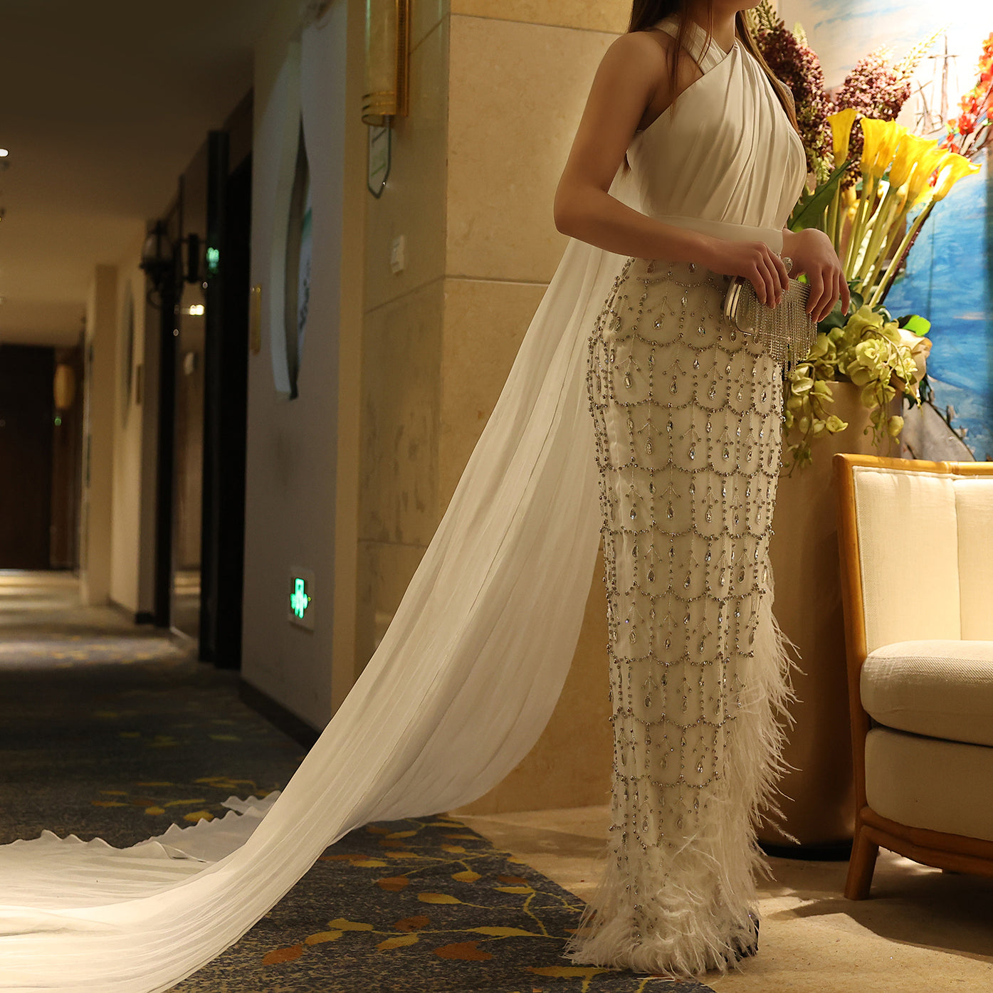 Luxury Feather White Halter Evening Dress with Cape SS350