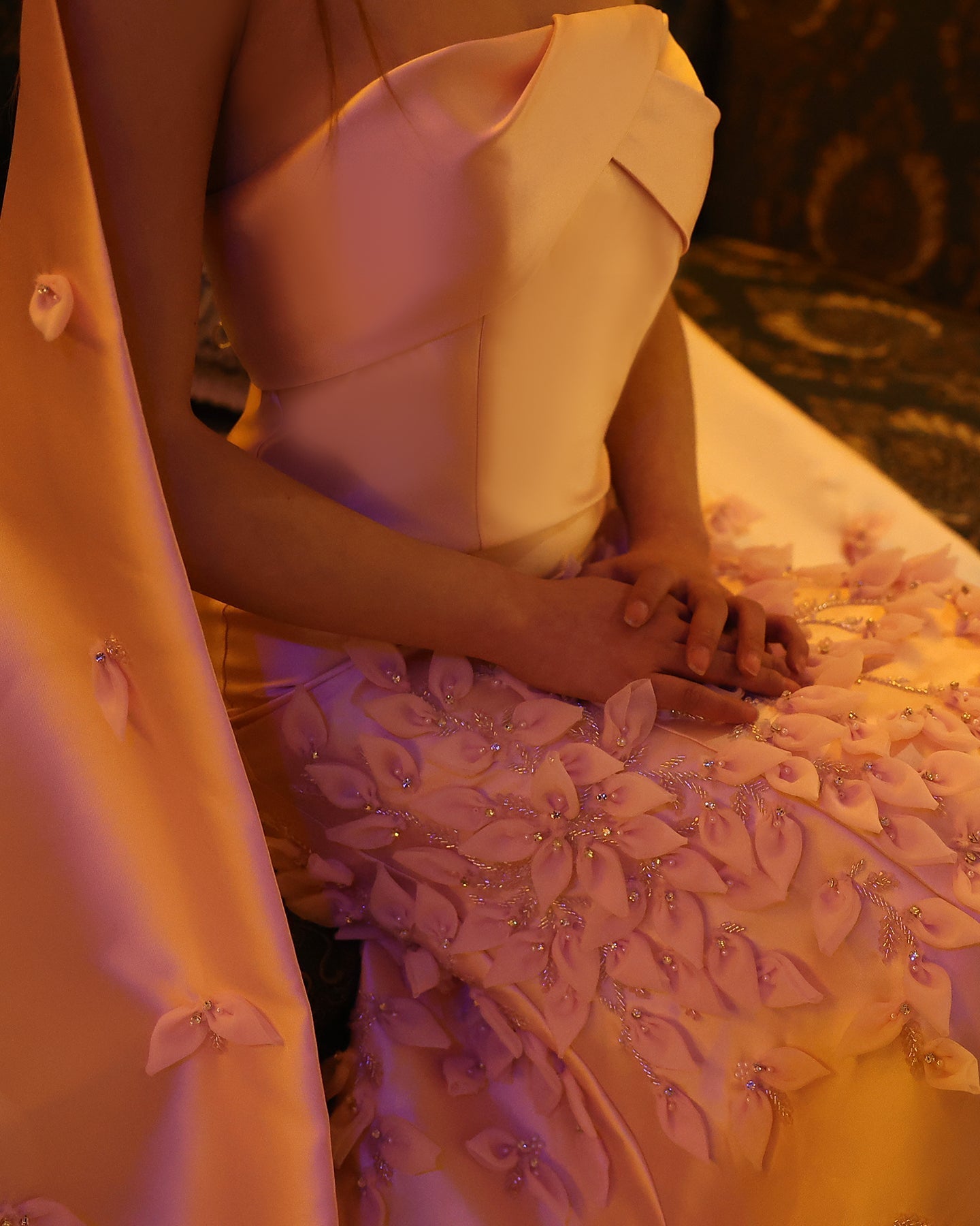 Luxury 3D Leaves Pink Satin Evening Dress with Cape SS463