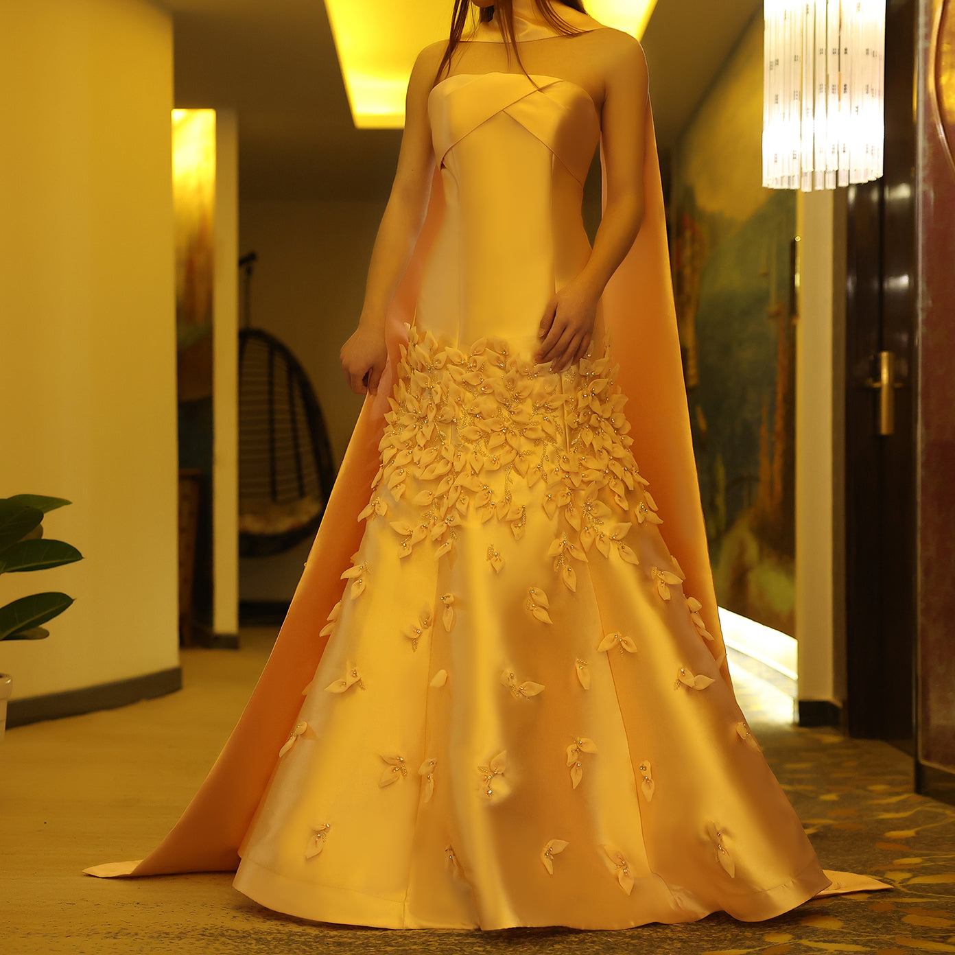 Luxury 3D Leaves Pink Satin Evening Dress with Cape SS463