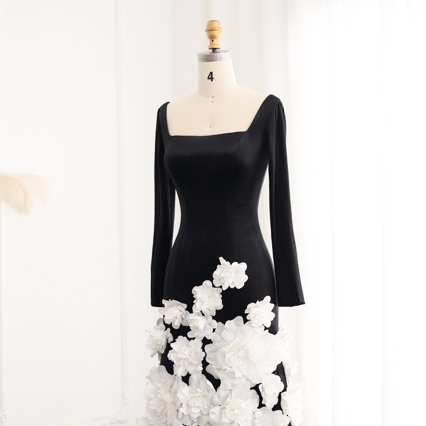 3D Flowers Black Velvet Strapless Evening Dress with Gloves SS748