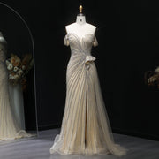 Sparkly Crystal Off Shoulder Beige Evening Dress with Slit SS648  Beige / US 16