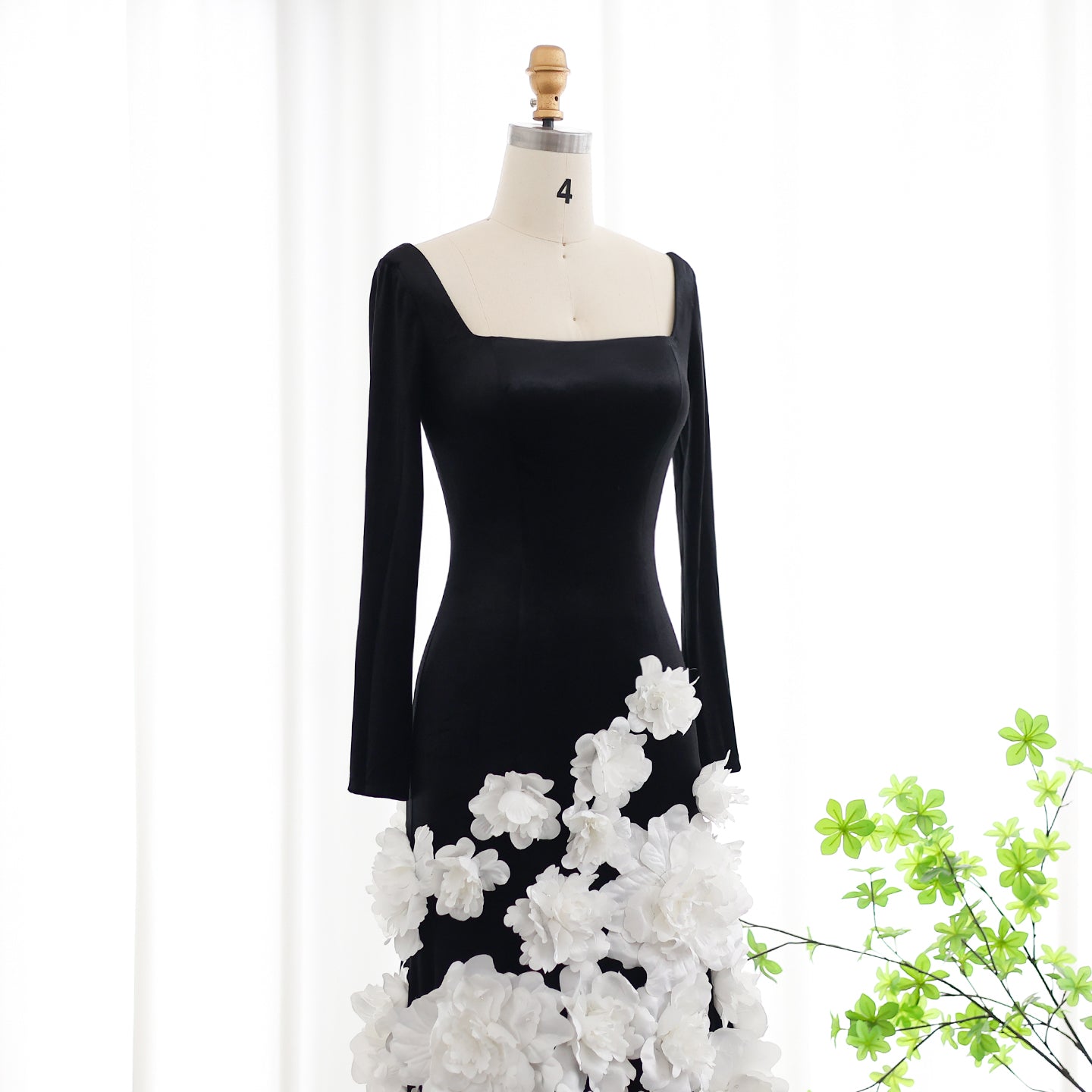 3D Flowers Black Velvet Strapless Evening Dress with Gloves SS748
