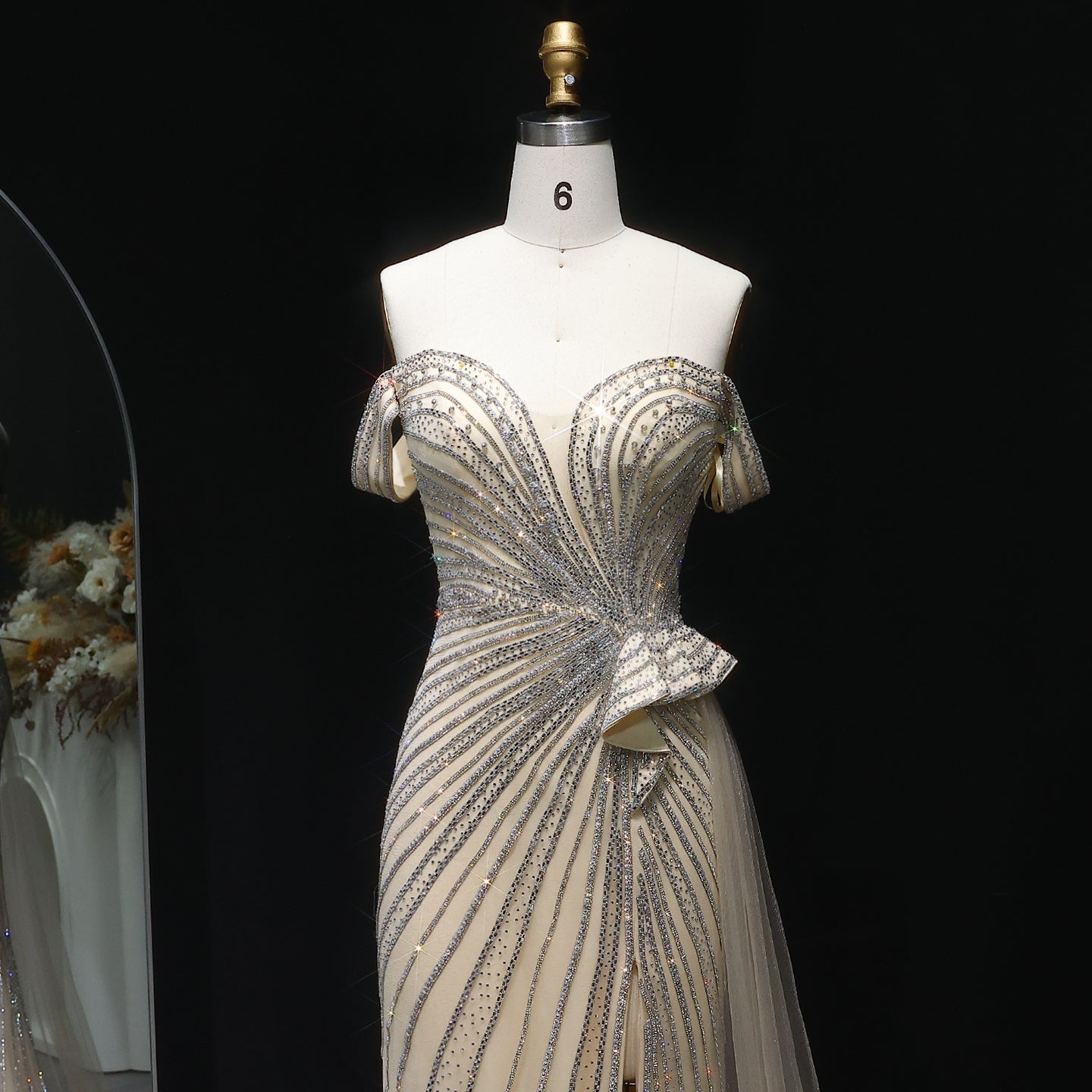 Sparkly Crystal Off Shoulder Beige Evening Dress with Slit SS648