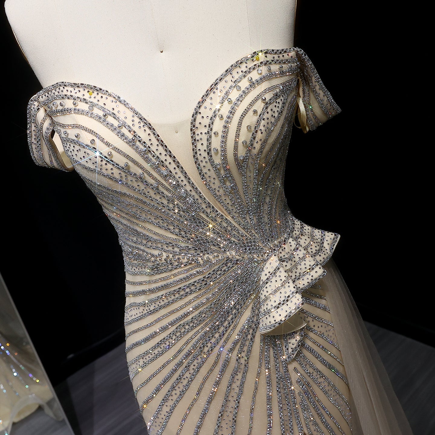 Sparkly Crystal Off Shoulder Beige Evening Dress with Slit SS648