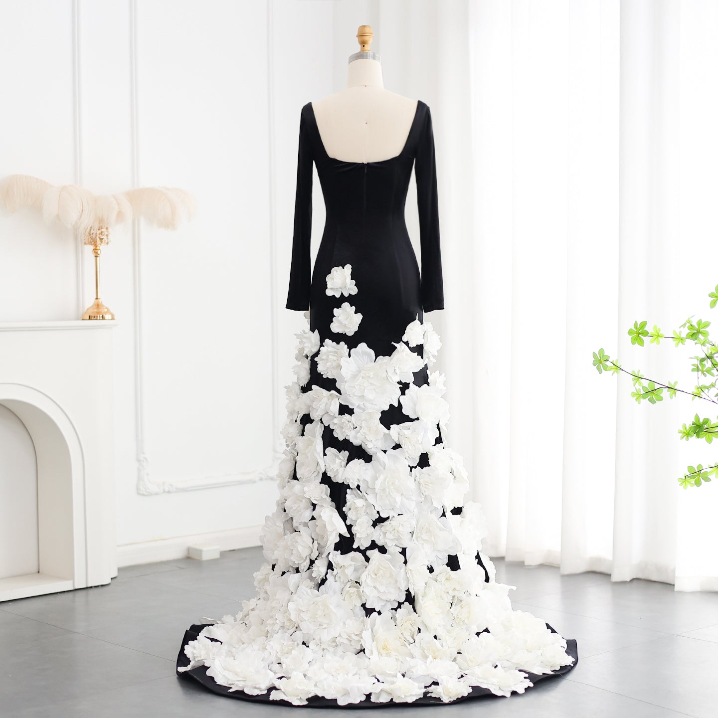 3D Flowers Black Velvet Strapless Evening Dress with Gloves SS748