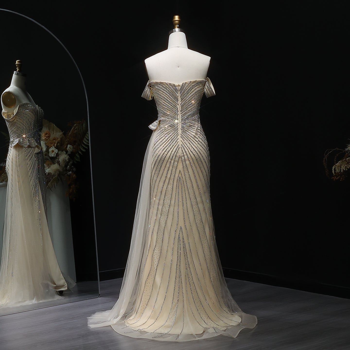 Sparkly Crystal Off Shoulder Beige Evening Dress with Slit SS648