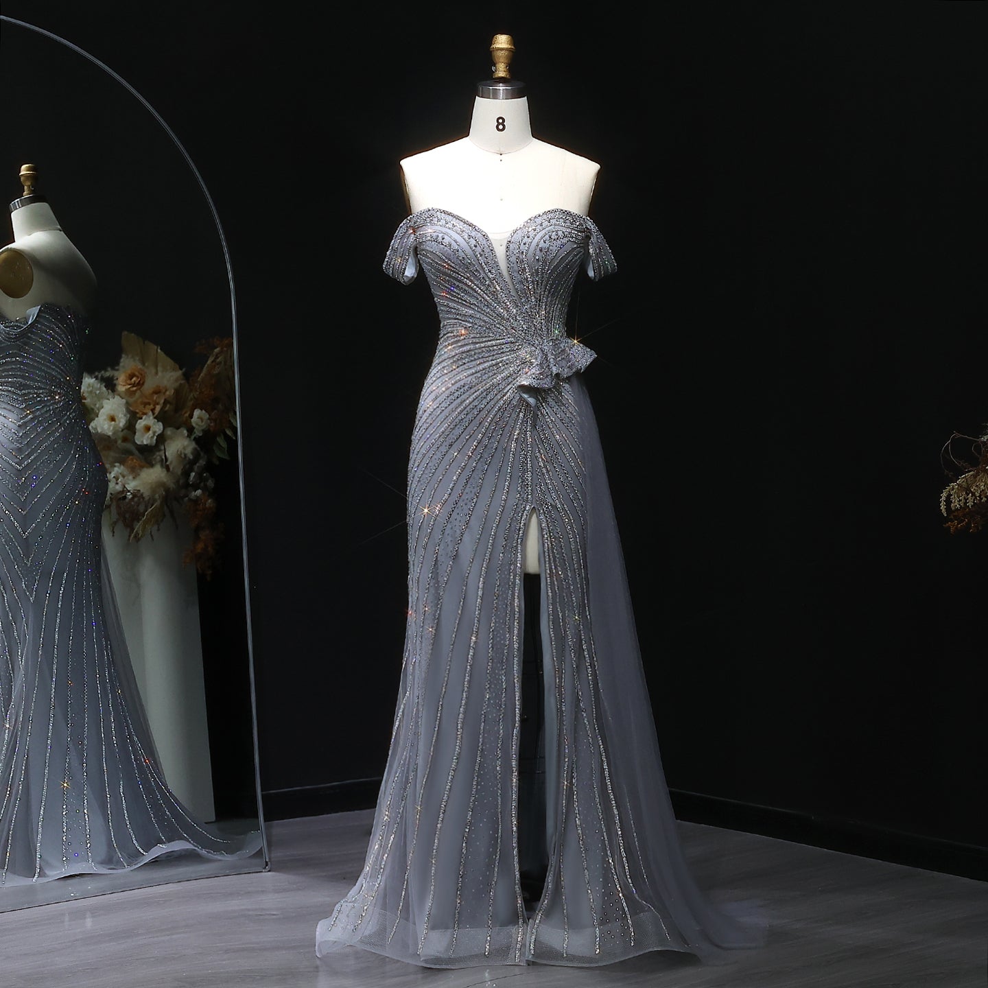 Sparkly Crystal Off Shoulder Beige Evening Dress with Slit SS648  Gray / US 16