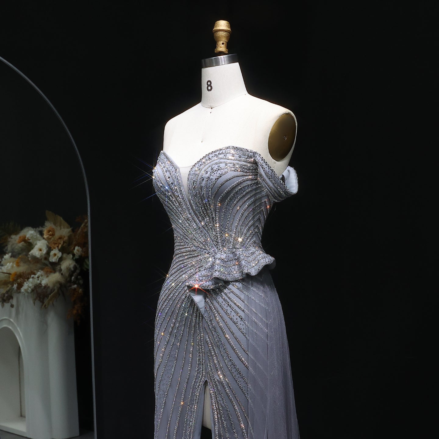 Sparkly Crystal Off Shoulder Beige Evening Dress with Slit SS648