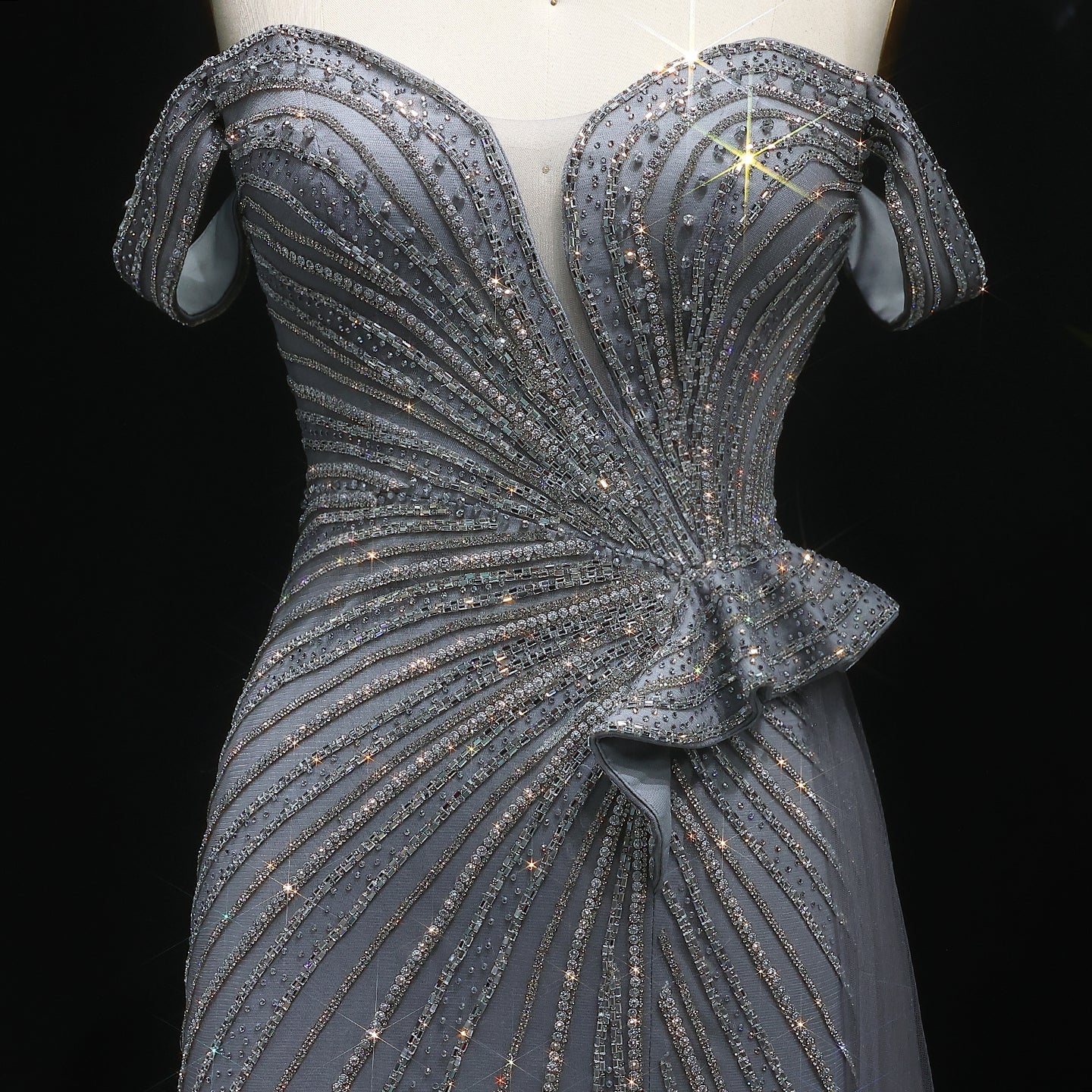 Sparkly Crystal Off Shoulder Beige Evening Dress with Slit SS648