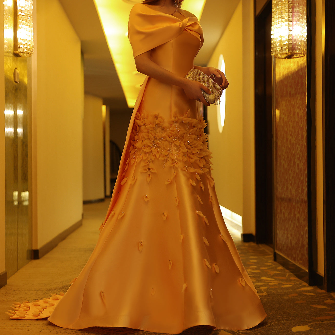 Luxury 3D Flowers Pink Off Shoulder Evening Dress SS464