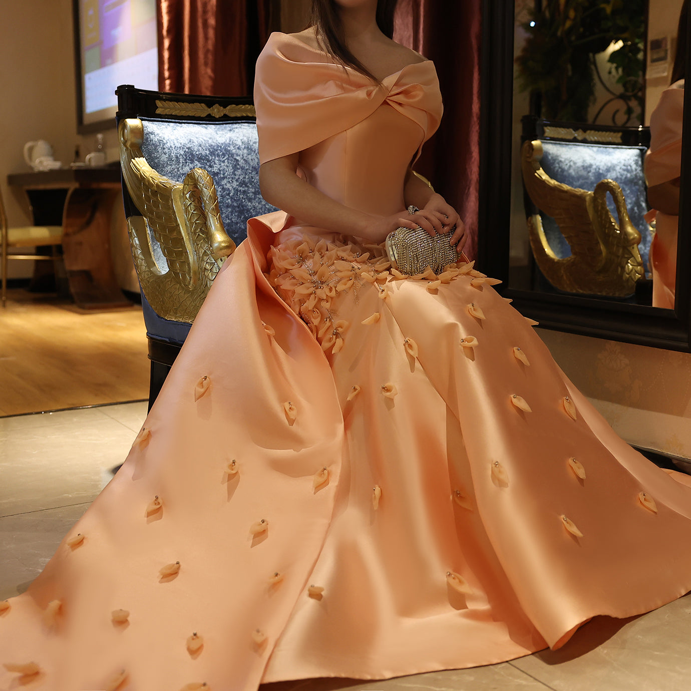 Luxury 3D Flowers Pink Off Shoulder Evening Dress SS464