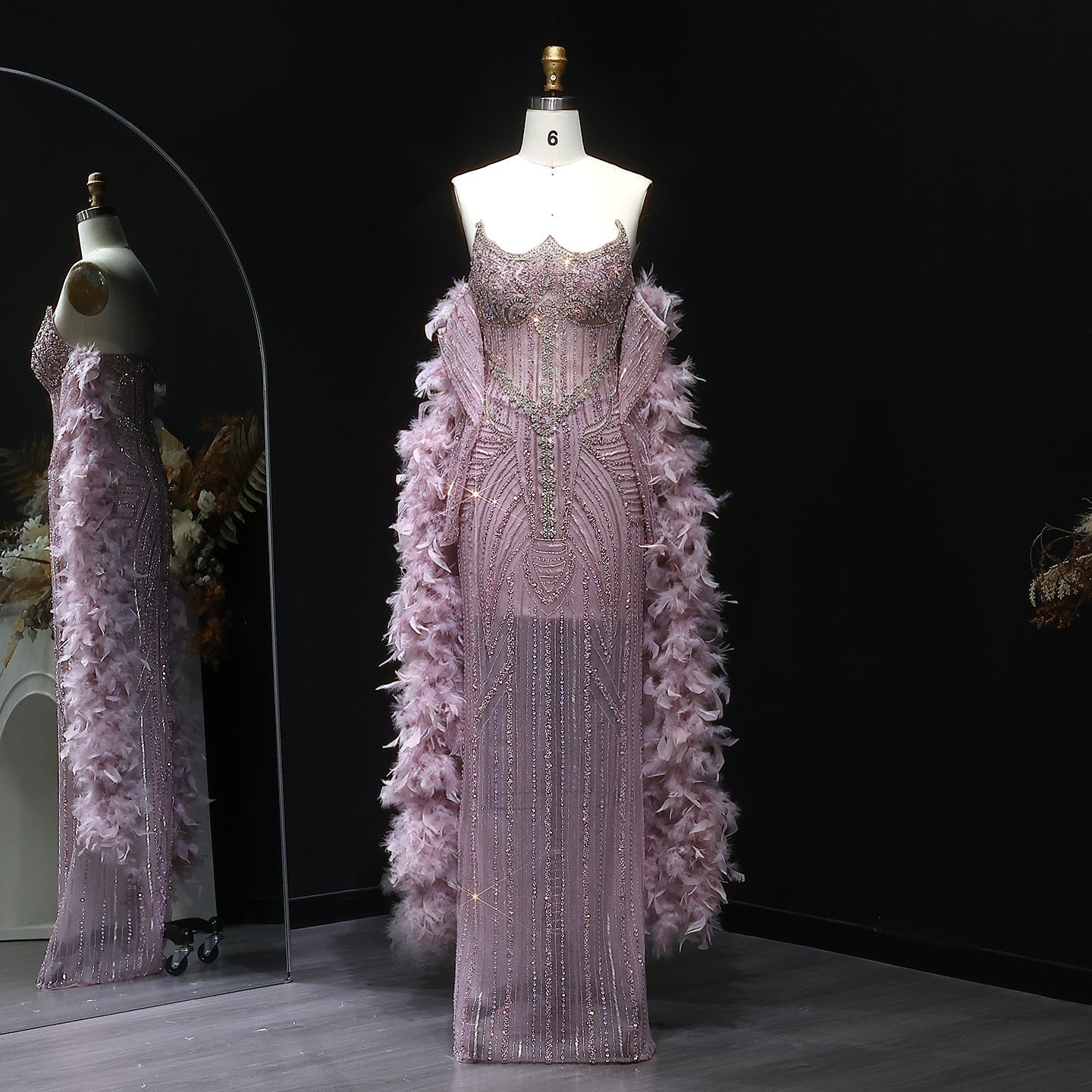 Luxury Feather Pink Beaded Mermaid Strapless Evening Dress SS067