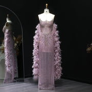 Luxury Feather Pink Beaded Mermaid Strapless Evening Dress SS067