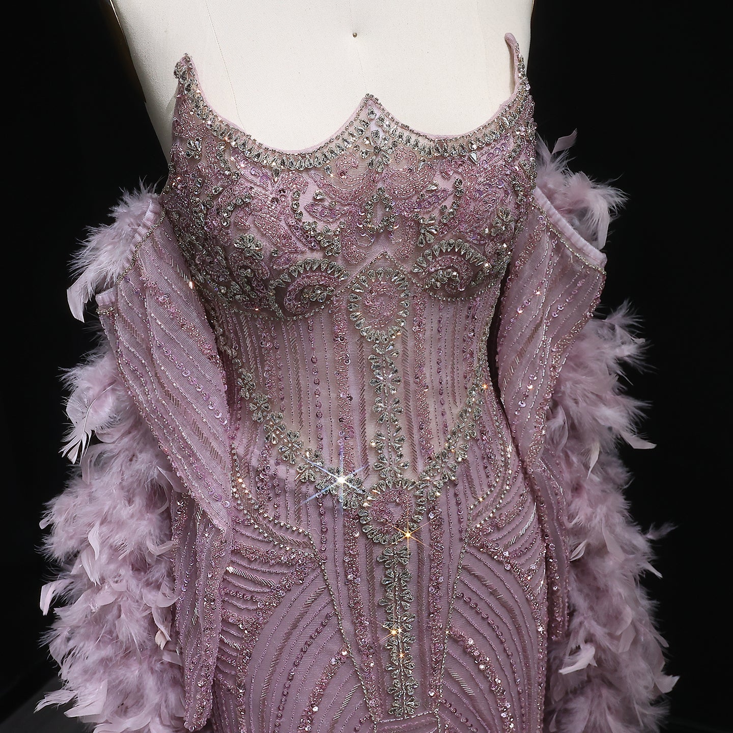 Luxury Feather Pink Beaded Mermaid Strapless Evening Dress SS067