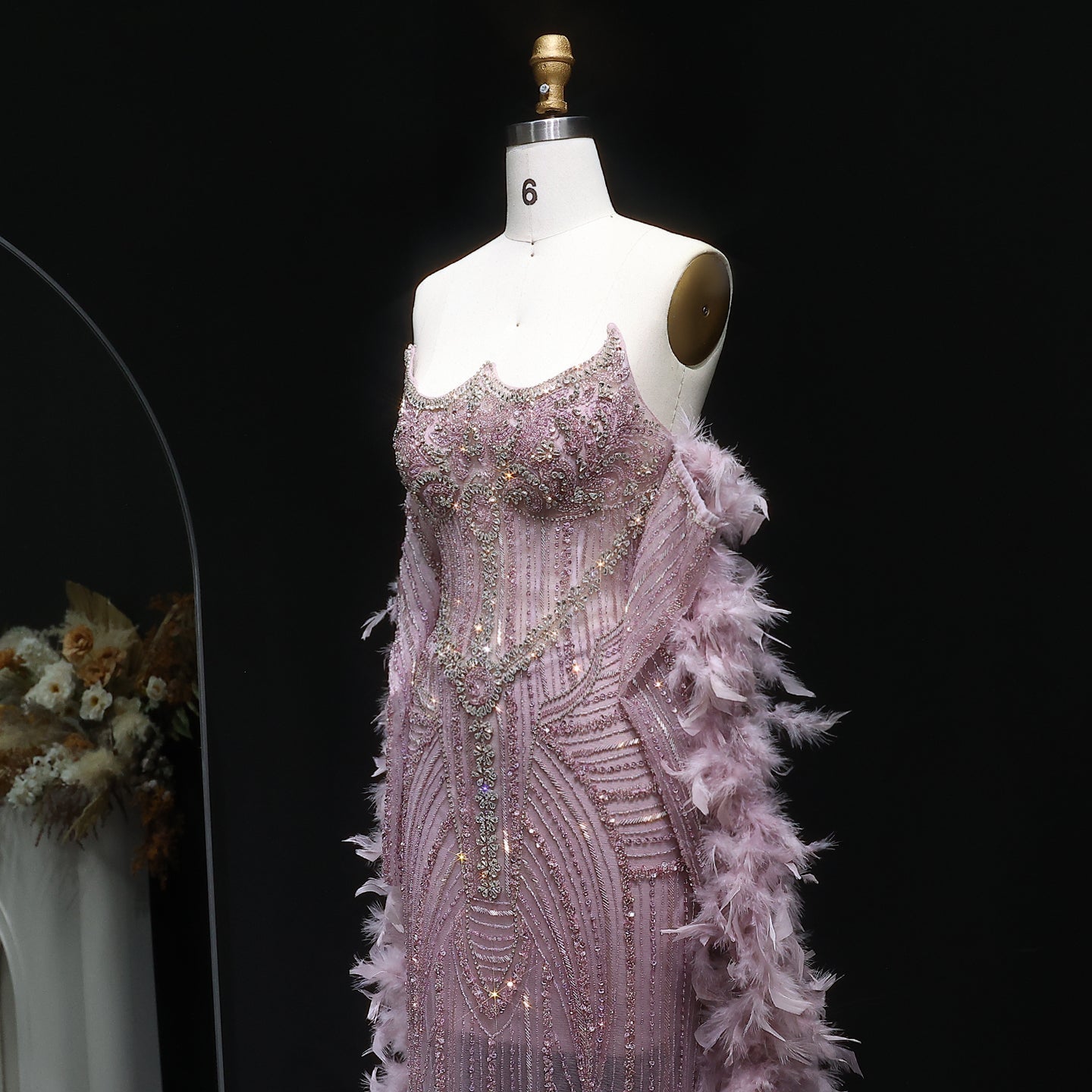 Luxury Feather Pink Beaded Mermaid Strapless Evening Dress SS067