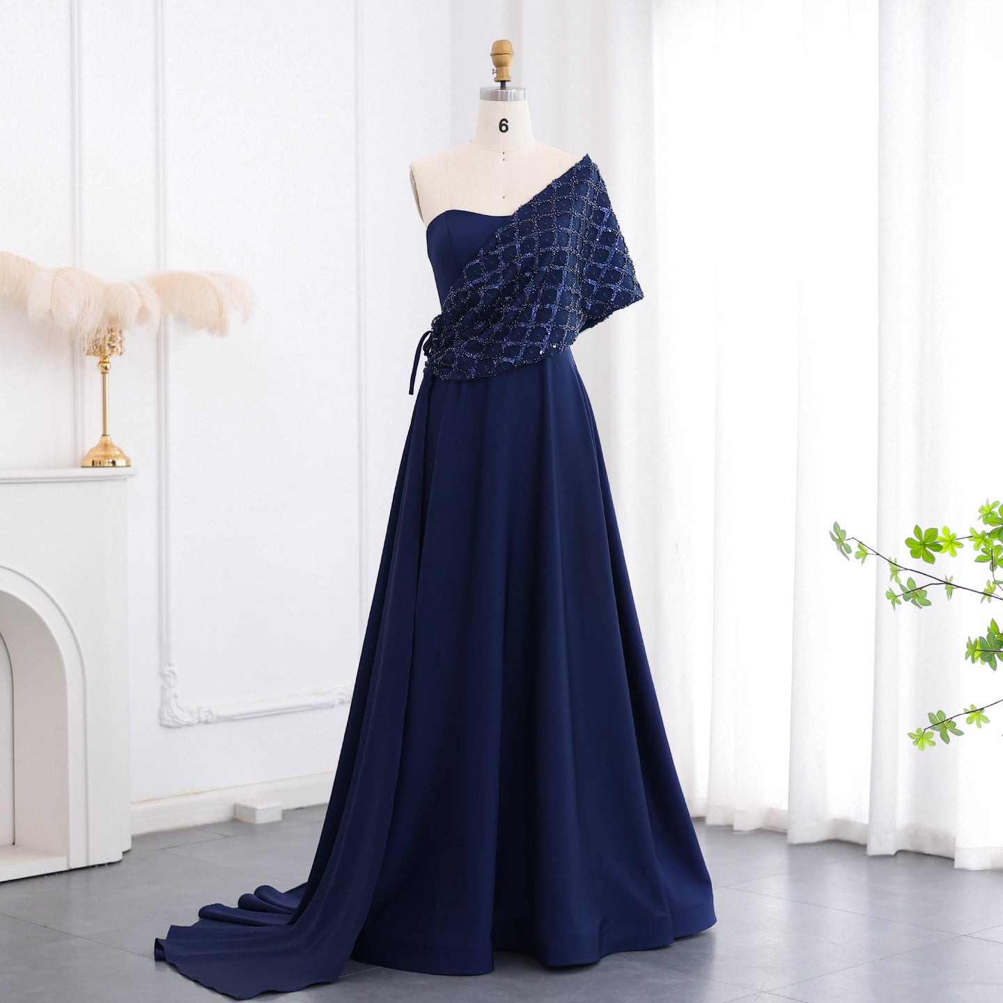 Elegant Off Shoulder Navy Blue Evening Dress with Cape SS206  Blue / US 20