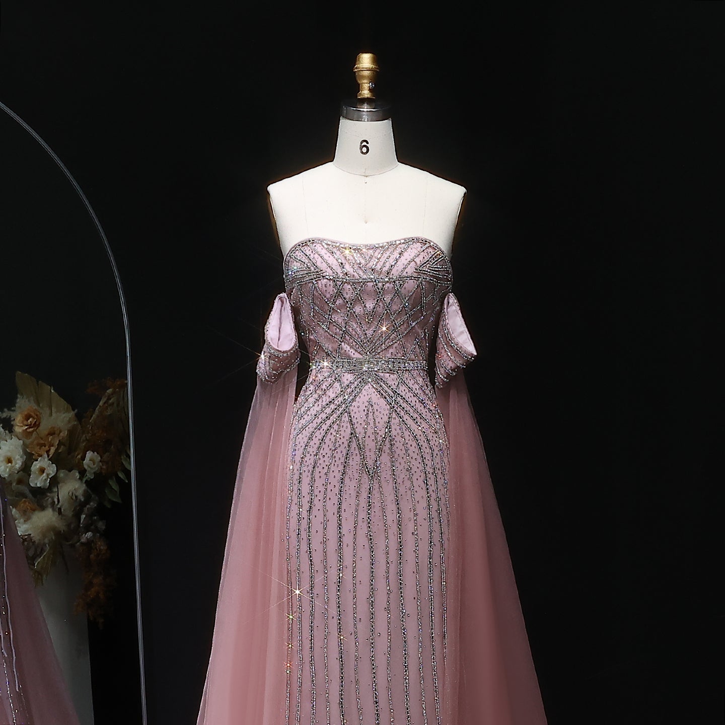 Sparkling Rhinestones Pink Evening Dress with Cape Sleeves SS654