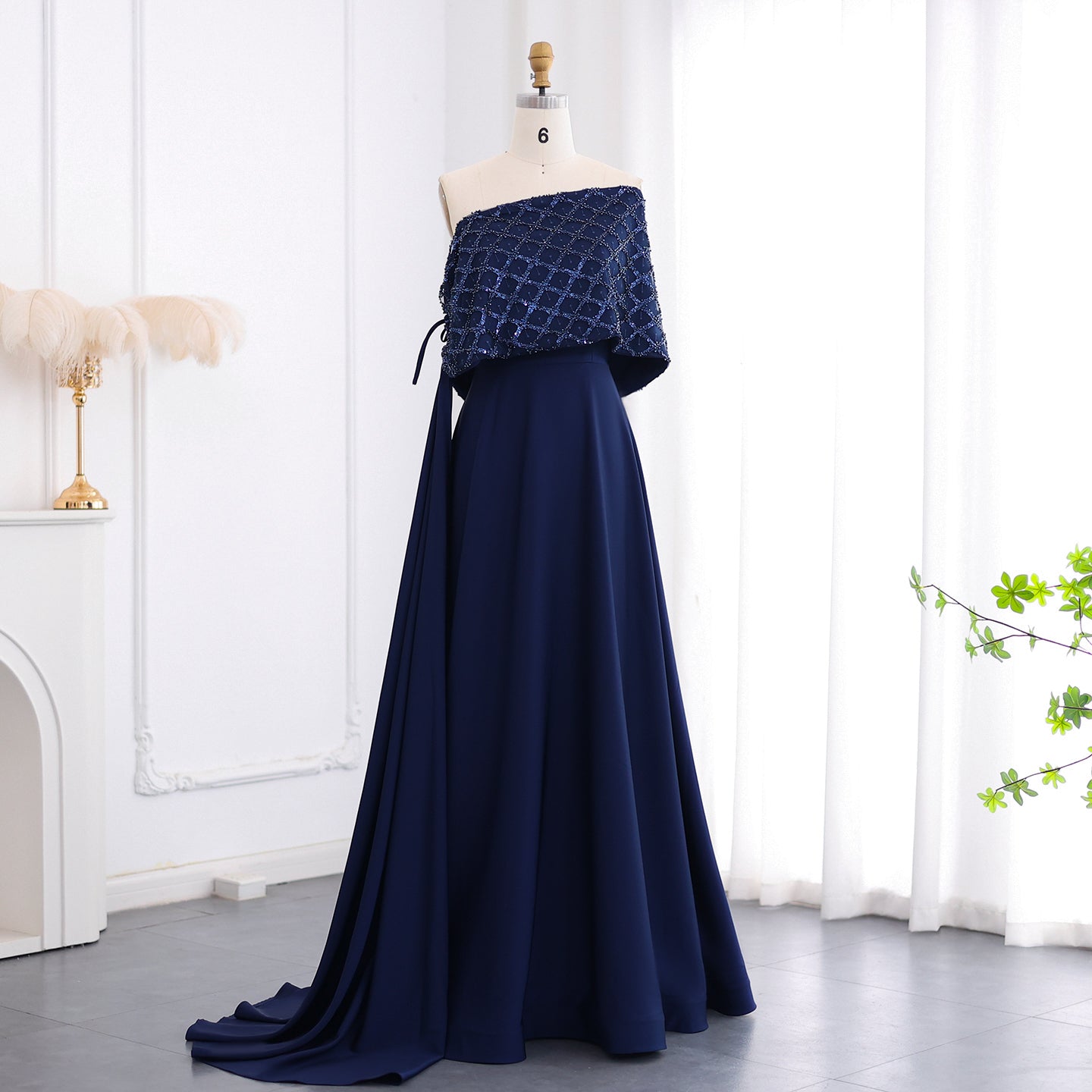 Elegant Off Shoulder Navy Blue Evening Dress with Cape SS206
