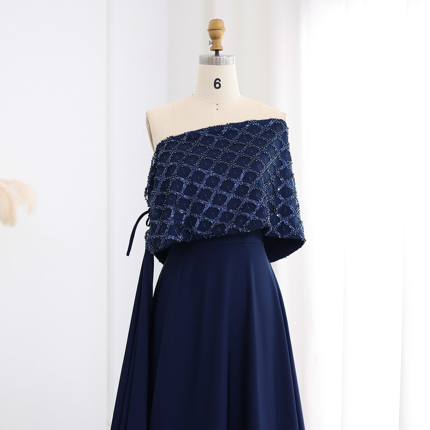 Elegant Off Shoulder Navy Blue Evening Dress with Cape SS206