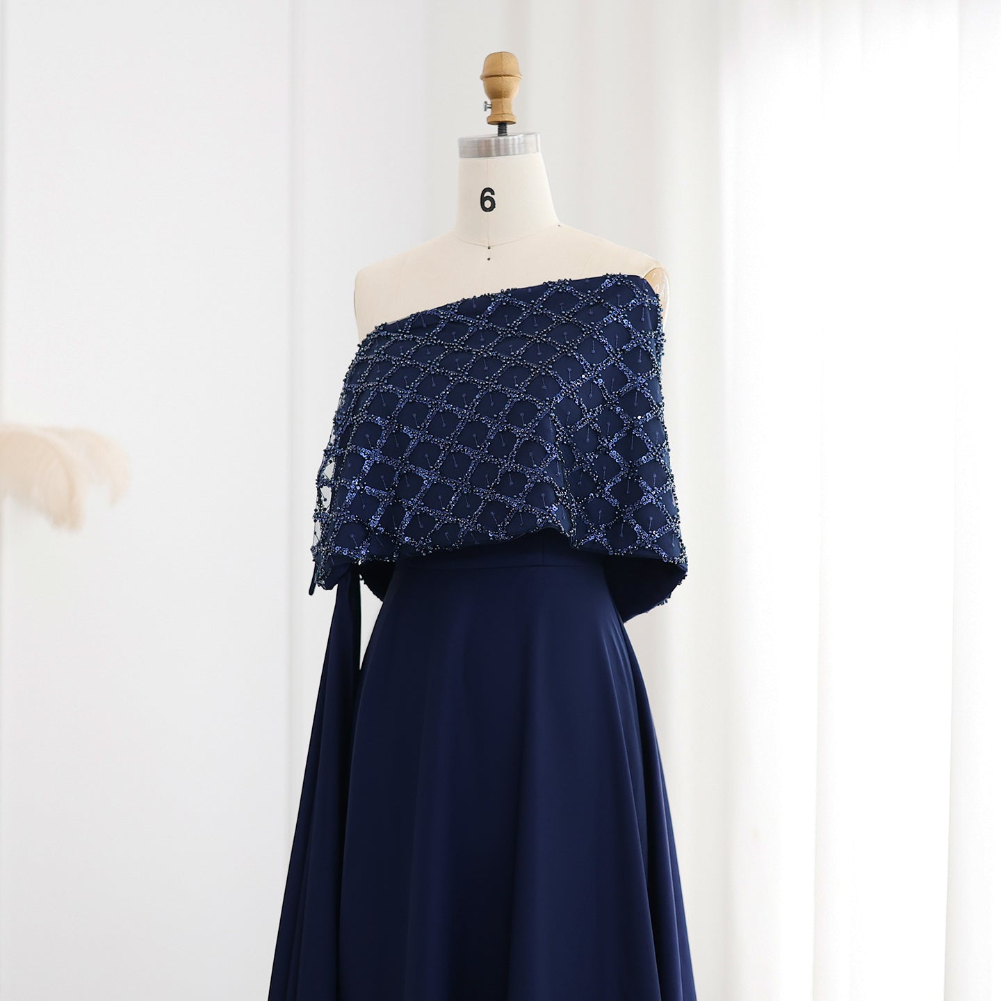 Elegant Off Shoulder Navy Blue Evening Dress with Cape SS206