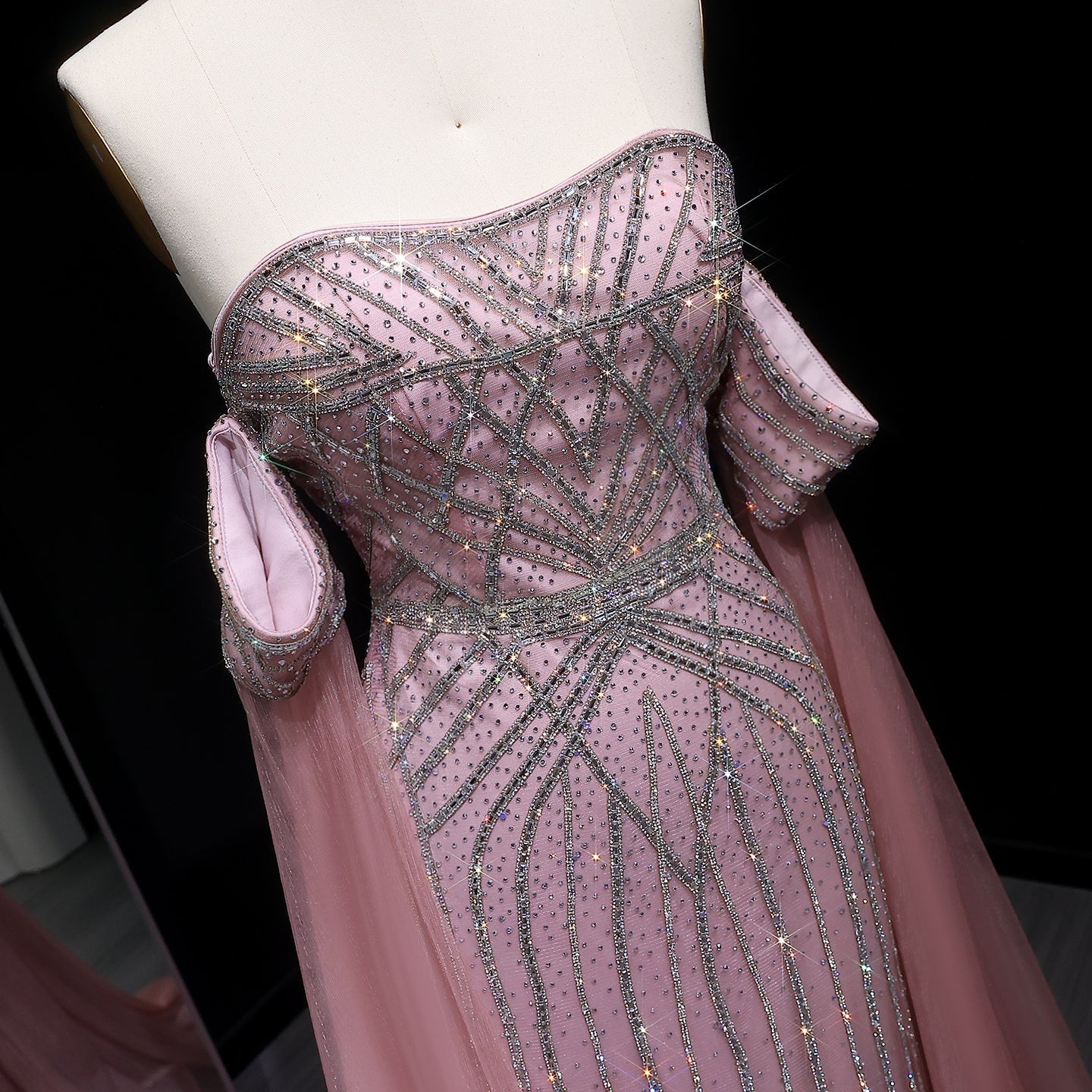 Sparkling Rhinestones Pink Evening Dress with Cape Sleeves SS654