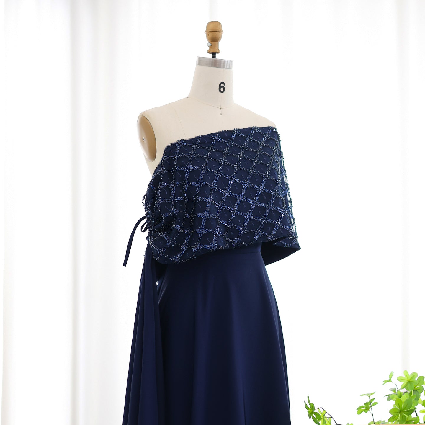 Elegant Off Shoulder Navy Blue Evening Dress with Cape SS206