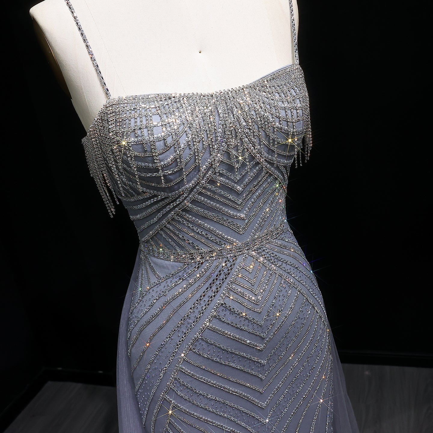 Sparkly Crystal Tassel Pink Evening Dress with Overskirt SS649