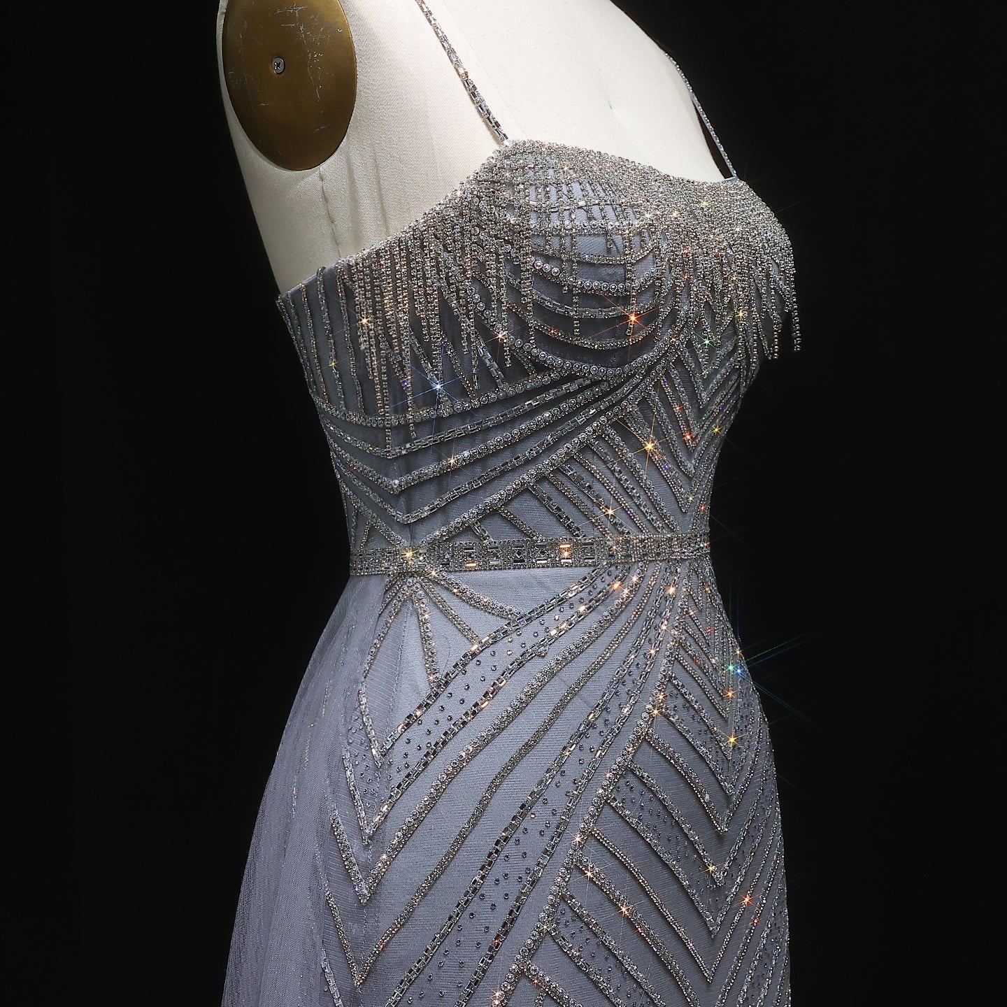 Sparkly Crystal Tassel Pink Evening Dress with Overskirt SS649