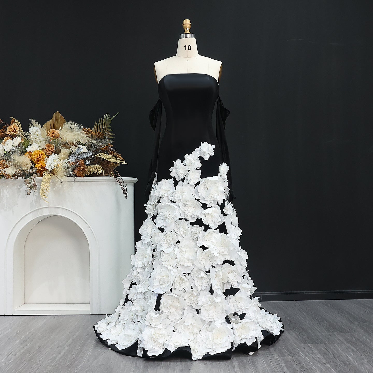3D Flowers Black Velvet Strapless Evening Dress with Gloves SS748