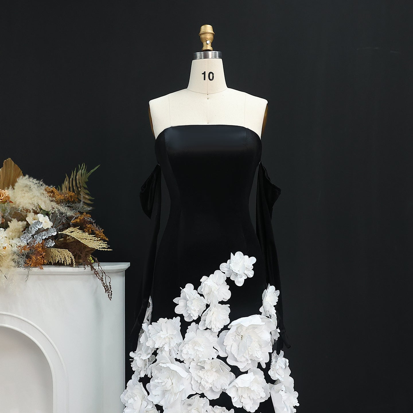 3D Flowers Black Velvet Strapless Evening Dress with Gloves SS748