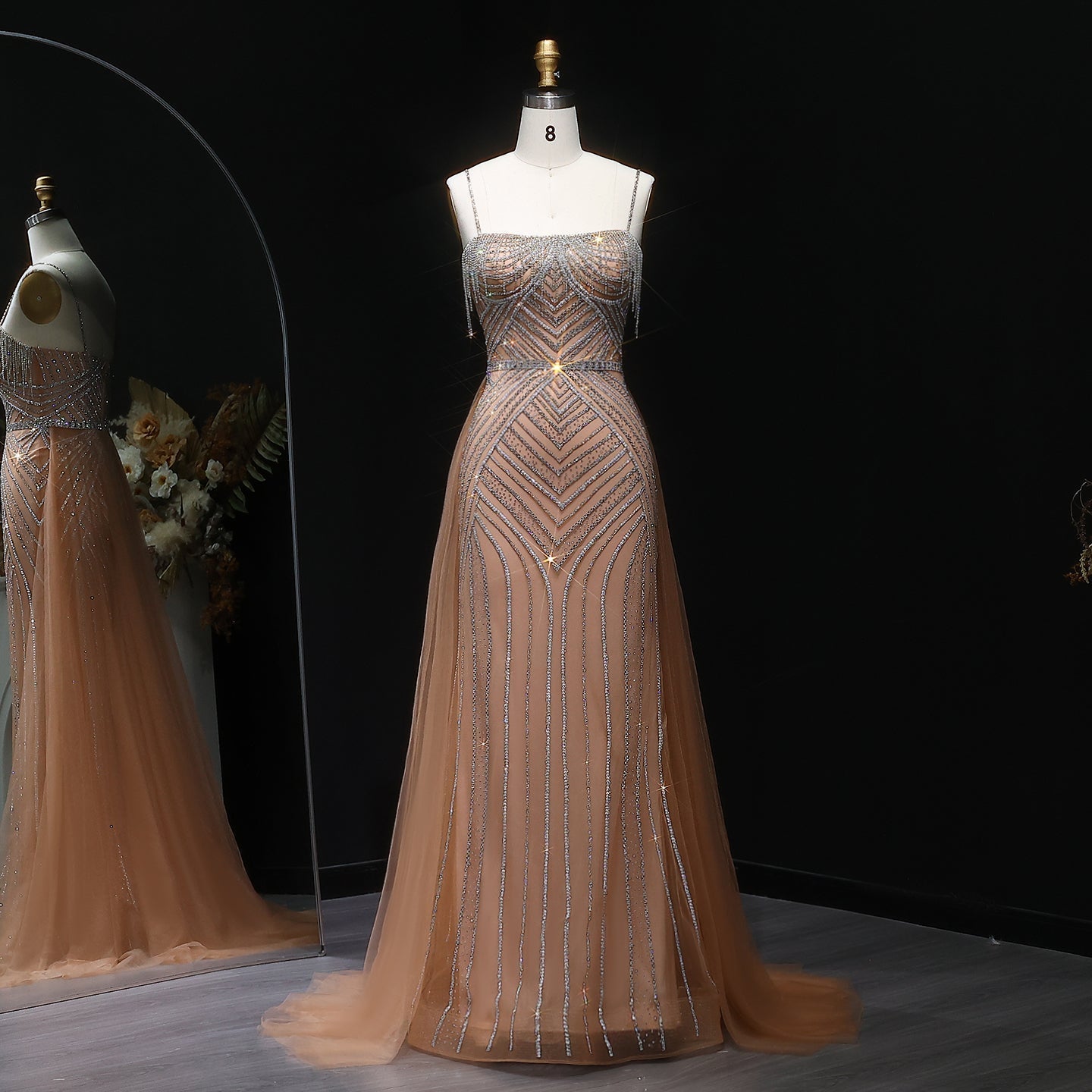 Sparkly Crystal Tassel Pink Evening Dress with Overskirt SS649  Orange / US 18