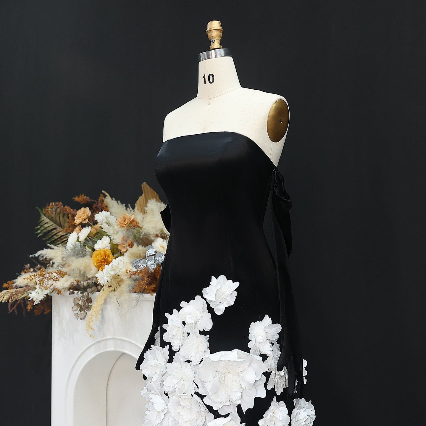 3D Flowers Black Velvet Strapless Evening Dress with Gloves SS748