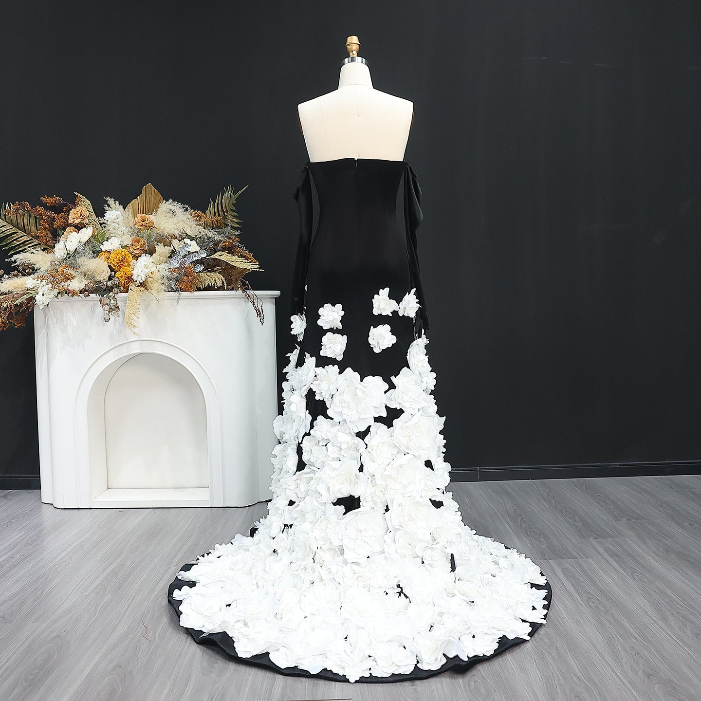 3D Flowers Black Velvet Strapless Evening Dress with Gloves SS748