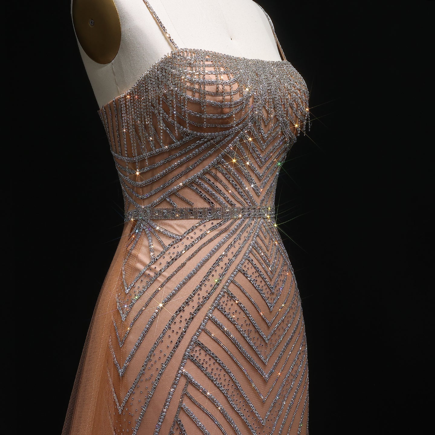 Sparkly Crystal Tassel Pink Evening Dress with Overskirt SS649