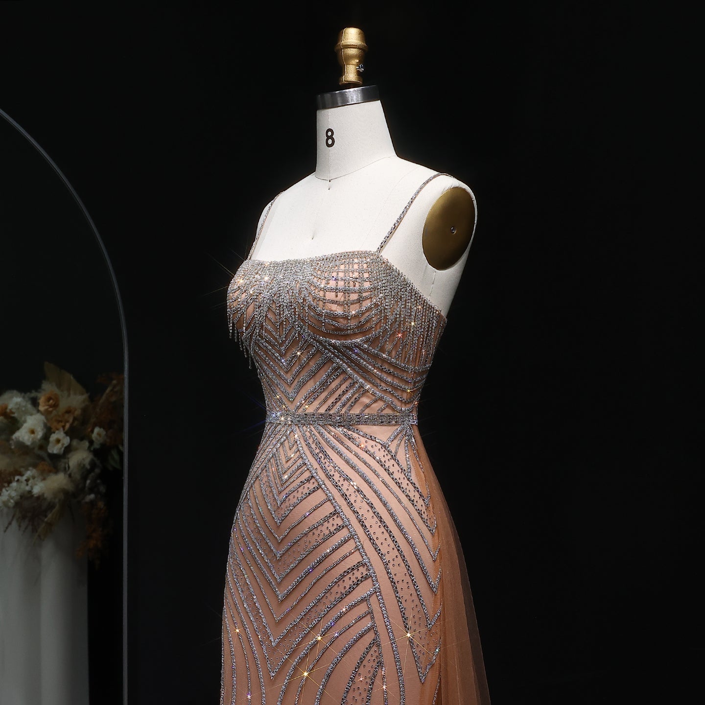 Sparkly Crystal Tassel Pink Evening Dress with Overskirt SS649