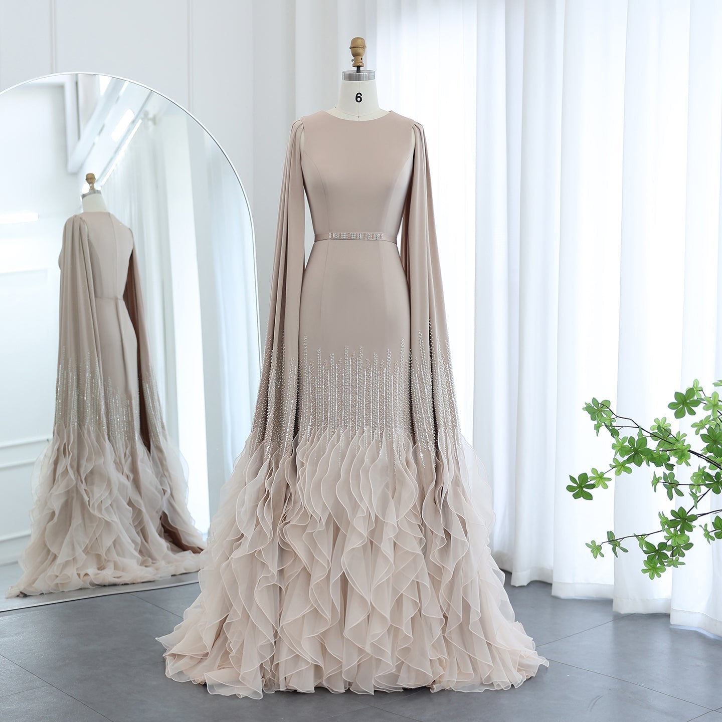 Luxury Nude Ruffles Evening Dress with Cape Sleeves SS440  Nude / US 20