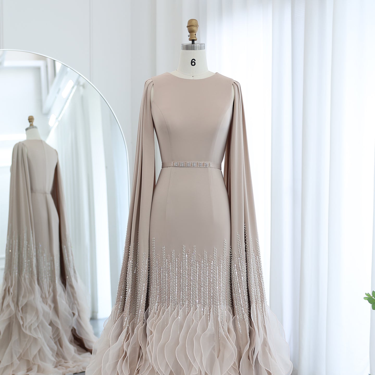 Luxury Nude Ruffles Evening Dress with Cape Sleeves SS440