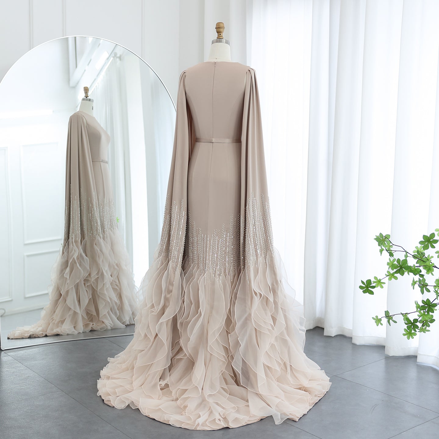 Luxury Nude Ruffles Evening Dress with Cape Sleeves SS440