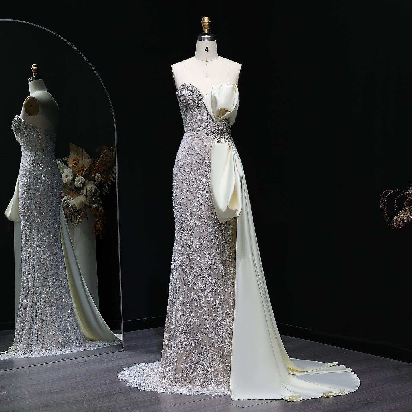 Luxury Crystal Beige Evening Dresses with Overskirt SS617