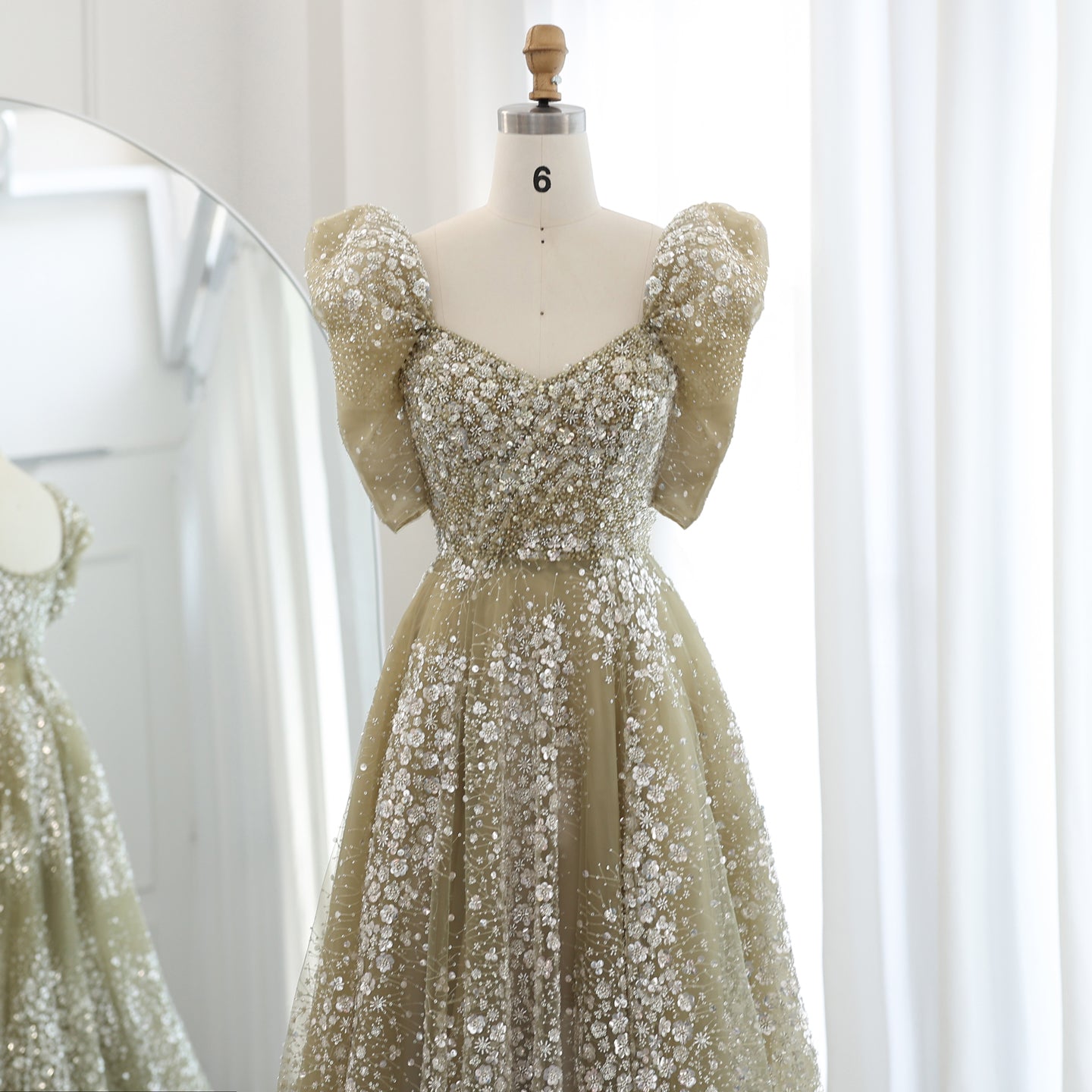 Glitter Lime Green Puffle Sleeve Evening Dress SS155