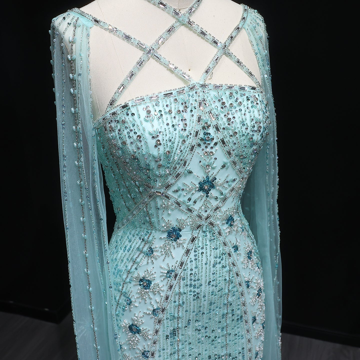 Luxury Aqua Crisscross Evening Dress with Cape Sleeves SS391