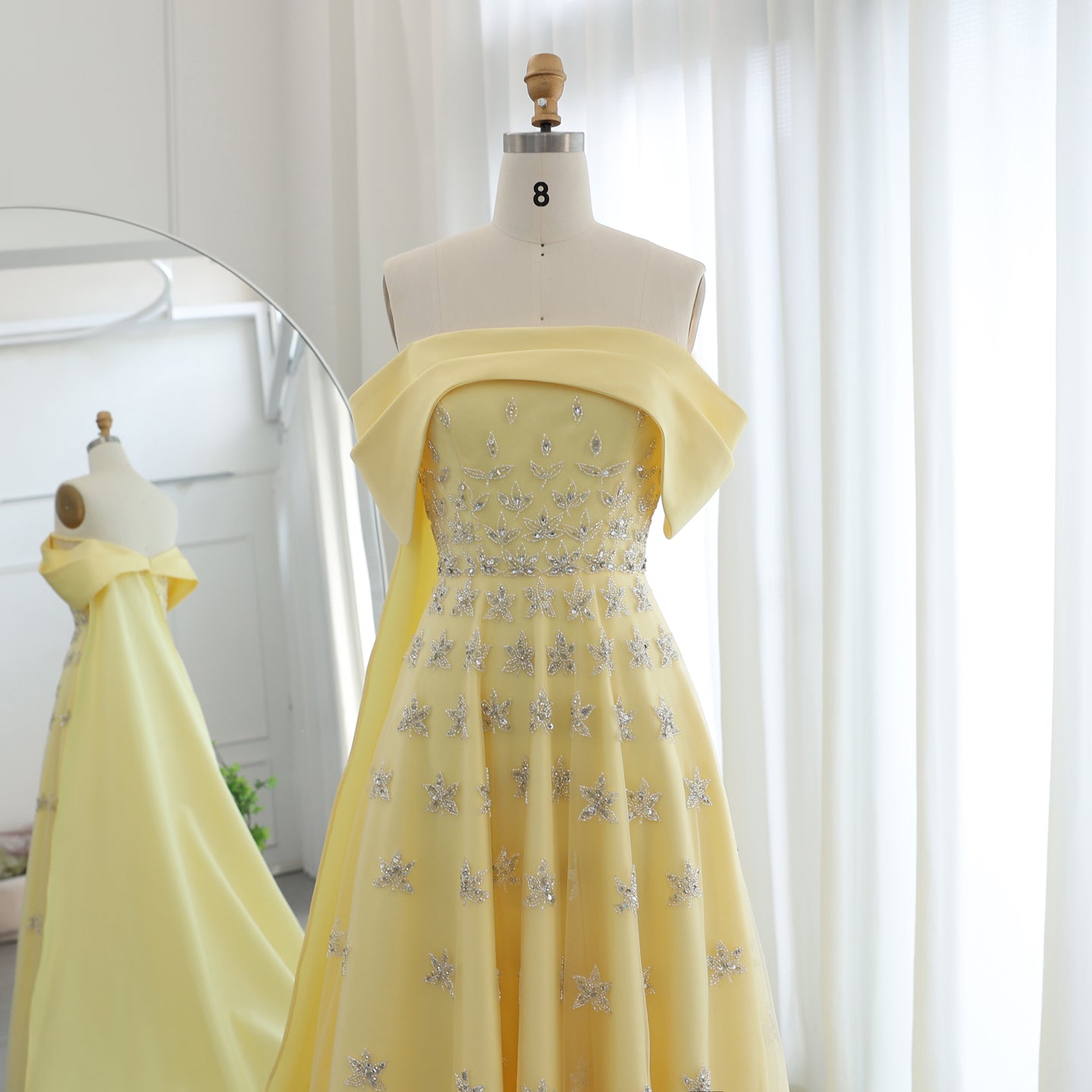 Luxury Yellow Off Shoulder Evening Dress with Cape Train SS455