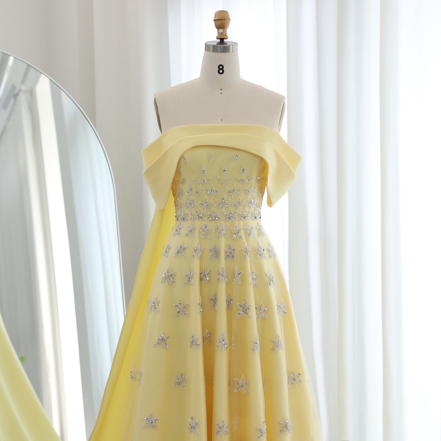 Luxury Yellow Off Shoulder Evening Dress with Cape Train SS455
